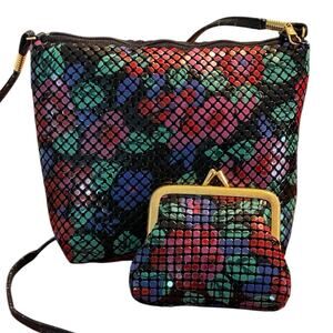 Vintage Unbranded Multi Color Floral Beaded Crossbody Bag and Change Purse